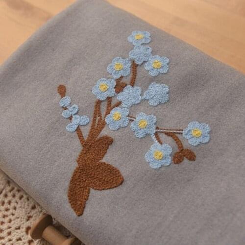 High quality grey double faced Plush for warmth fabric Blue embroidered branches and leaves tissu Dress robe coat material