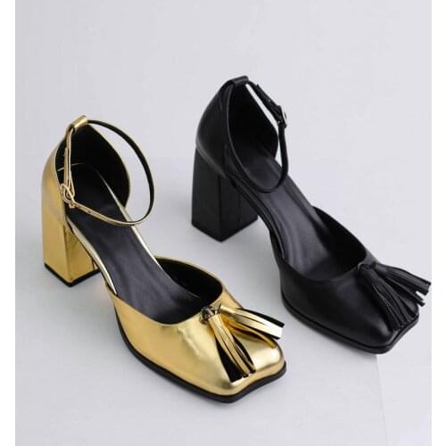 Phoentin Gold Mary janes shoes women 2021 high heels square toe pumps fashion retro party Fringed sandals size 34-42 FT1506