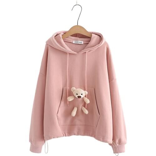 Women Solid Color Hooded Sweatshirt With Doll Bear Loose Plus Velvet Warm Hoodies 2020 Autumn Winter Sweet Style Girl Pullovers