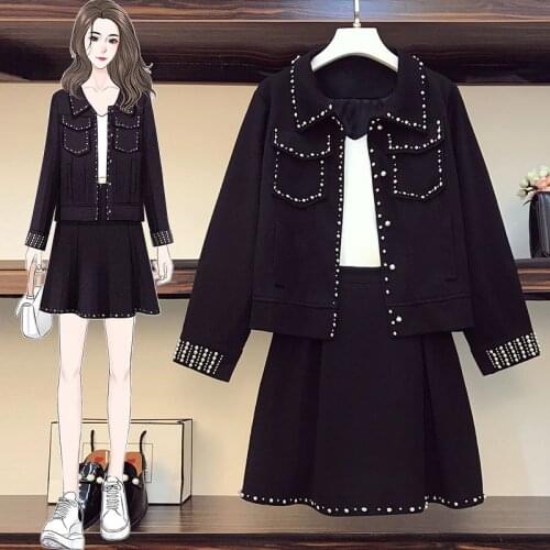 Womens 2021 Autumn New Suit Foreign Style Beaded Jacket +Skirt 2-Piece Sets Female Black
