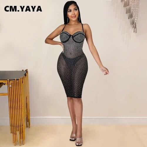 CM.YAYA Women Dress Diamonds Mesh See-through Bodycon Dresses Bandage Sexy Night Club Party Vestidos Without Paties Fall Outfit