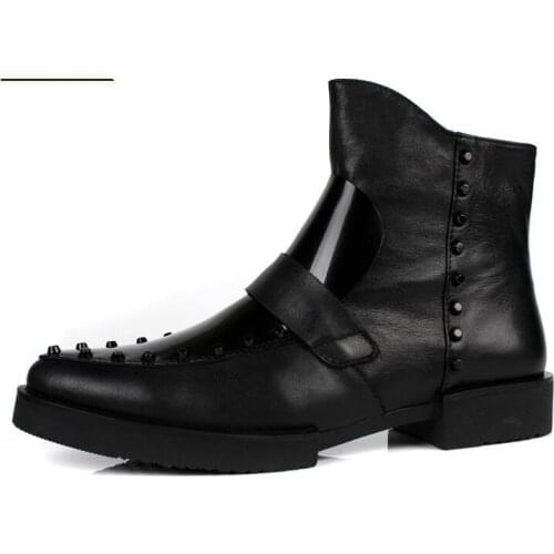New fashion genuine leather slip on mens boots rivet ankle boots pointed toe winter High top black men boots