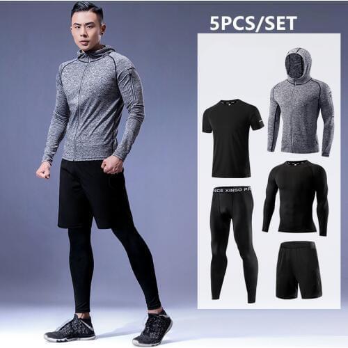 Quick Dry Running Sport Suit Mens Compression Sets 5PCS/Set Basketball Sportswear Jogging Clothes Gym Fitness Running Tracksuit