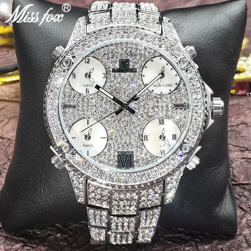 Hip Hop MISSFOX Mens Watches Top Brand Luxury Silver Multiple Time Zone Roman Quartz Watch Iced Out Waterproof Jewelry Clocks