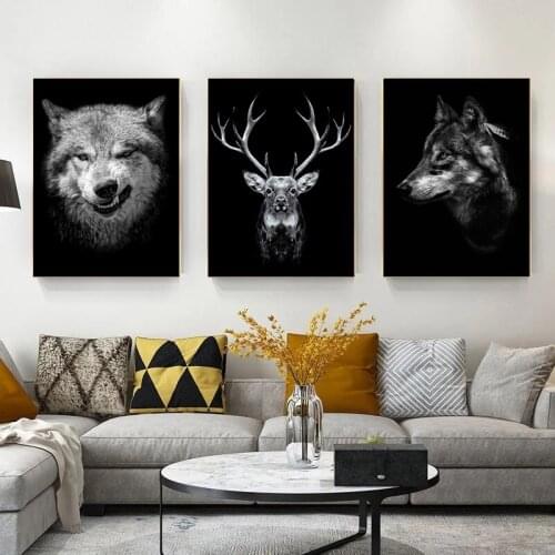 Black and White Deer Wolf Pictures Canvas Painting Animal Wall Art Poster Prints Abstract Picture for Living Room Home Decor