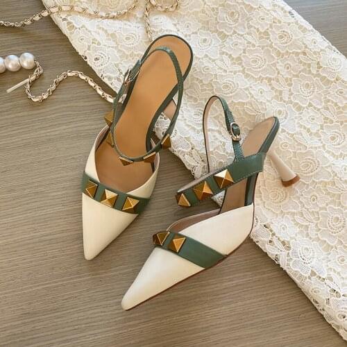 Leather cow head layer leather rivets, pointed toe sandals, high heels, slippers, womens shoes, all-match buckle stiletto high