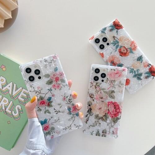 Square Case for iPhone 12 11 Pro Max Shell Pattern Vintage Flowers Soft IMD Shockproof Back Cover for iPhone 12 Pro Max Coque