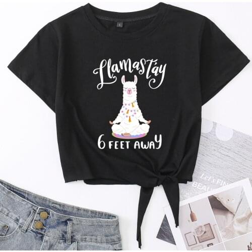 Llama Stay 6 Feet Away Social Distance Knotted Crop Top Shirt Womens Summer Short Sleeve Cotton T-Shirt Cropped Tops Graphic Tee