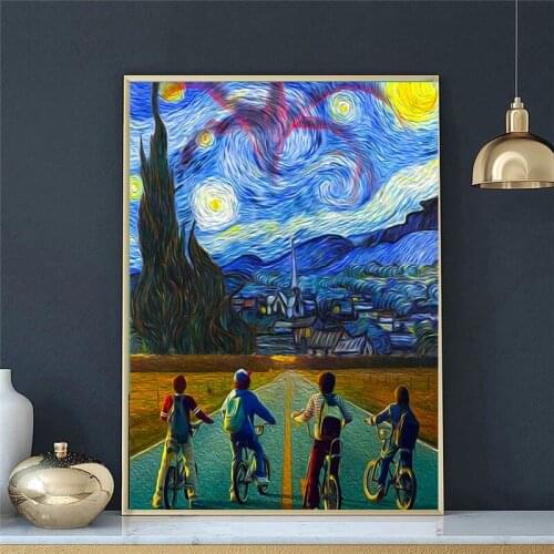 Wall art picture blue starry sky a group of boys riding bicycle posters and prints living room home decoration canvas