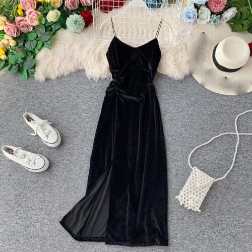 2021 autumn and winter new Women Spaghetti Strap Dress Autumn Sexy Split Solid Slim Lady Ankle Length Vintage velvetDress