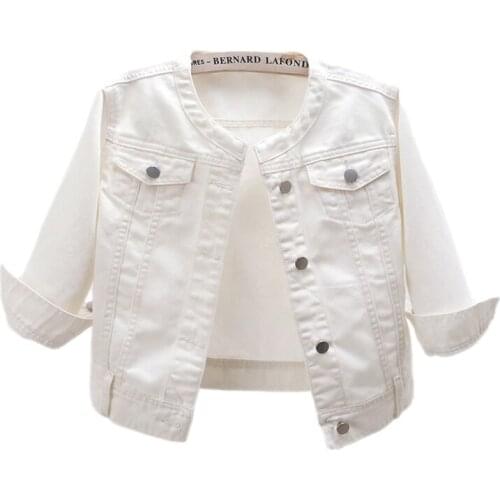Autumn Fashion O-Neck Three Quarter Sleeve White Denim Jacket Coat Women Korean Casual Outerwear Slim Short Jeans Jackets Female