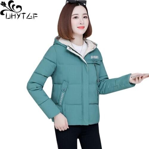UHYTGF Coat women down jacket female winter Parker coats hooded thicken student warm short jacket wild 4XL plus size jacket 1027