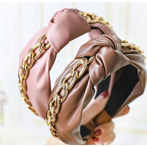 Bohemian PU Leather Knotted Headband for Women Fashion Gold Chain Gilrs Hairband Bezel Solid Color Hair Accessories
