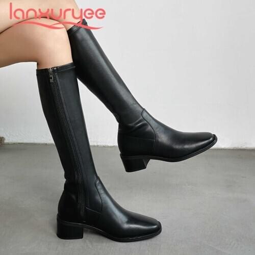Lanxuryee equestrian boots genuine leather concise maiden square toe thick med heel zipper office lady dress knee high boots L63