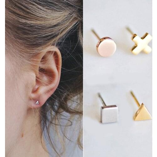 Trendy Minimalist Stainless Steel Round Triangle Square Mini Small Stud Earrings for Women Student Teen Jewelry Gift