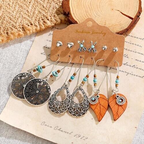 Fashion Vintage Silver Color Hollow Round Earrings 6 Pairs/Set Brown Wood Leaf Dangle Earrings For Women