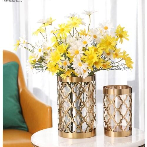 Modern metal glass vase decoration creative hollow metal iron transparent glass gold vase light luxury home flower arrangement