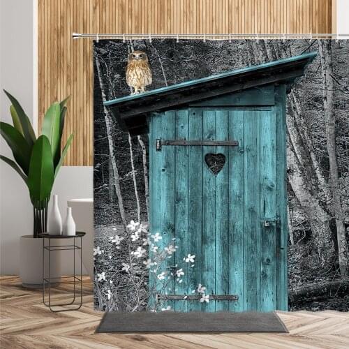 Retro Blue Wooden Door Shower Curtain Old Fashioned Window Landscape Bathroom Decoration Waterproof Bath Curtains Set With Hooks