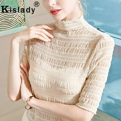 2020 Spring Summer Womens Turtleneck Hollow Out Gothic Shirt Sexy Lace OL Tops Harajuku Shirt Korean Vintage Fashion Clothing