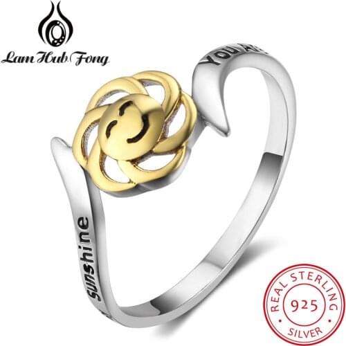 "You Are My Sunshine" 925 Sterling Silver Flower Rings for Women Smile Face Design Female Finger Rings Sterling Silver Jewelry