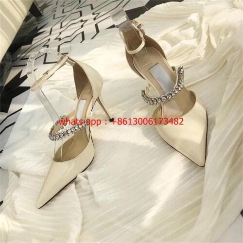 Design brand woman patent leather white black pointed toe high heel party shoes crystal buckle high heel woman shoes big size 42
