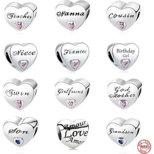 New Original 925 Sterling Silver Pendant Love Heart Charm Family Mother sSuitable For Ladies Pandora Bracelet DIY Jewelry Gift
