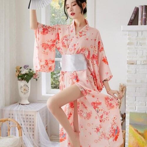 Pink Sakura Kimono Performance Dance Suit Japanese Long Summer New Women Bathrobe Print Novelty Cosplay Costume Yukata Dress