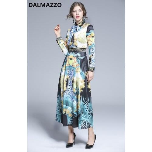 High-end Design Print Women Bow Collar Shirt Long Sleeve big Swing Long Dress 2020 New Womens Large Size Runway Dresses Vestidos