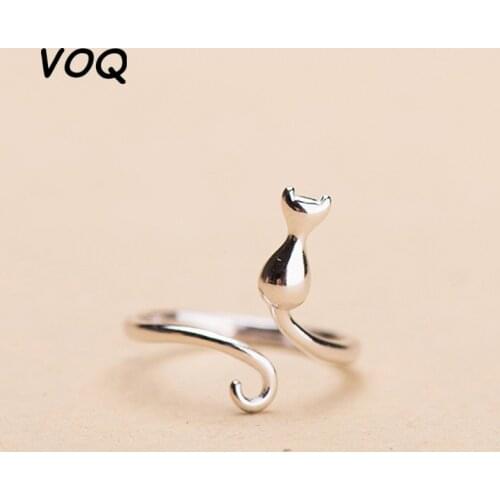 VOQ 925 Sterling Silver Cute Kitty Cat Ring Ladies Adjustable Animal Ring Fashion Pet Wedding Bridal Jewelry