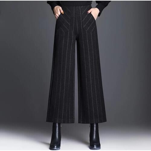 2021 Winter Striped Wide Leg Pants Wool High Waist Loose Elastic Waist Plus Size 4xl Casual Womens Clothing Women Trousers