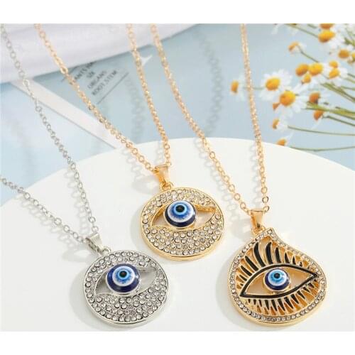 1PC Rhinestone Round Waterdrop Hollow Evil Eye Necklaces For Women Vintage Blue Eye Pendant Necklaces ChainTurkish Jewelry N107