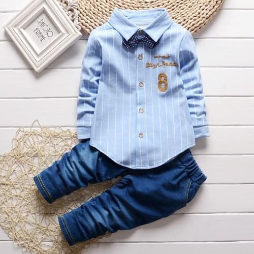 12M-4 Years Infant New Korean Autumn Spring Boy Suit Baby Leisure Striped Tie Shirts Denim Pants Sports Jeans 2pcs 2021