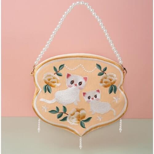 2021 Fashion Women Animal Lady Cat Penoy Floral Flower Embroidery Circular Pearl Top Handle Bags Handbag Totes Evening Bags