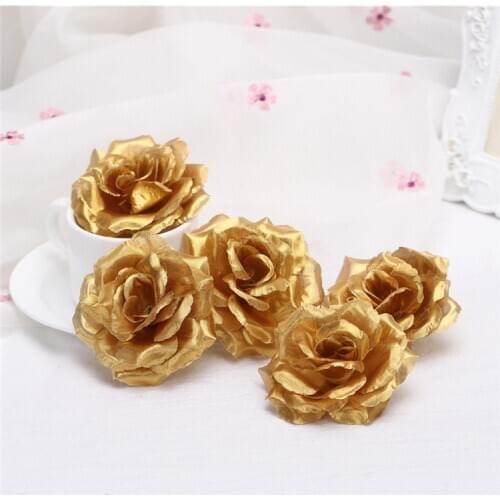 8cm Gold Artificial Roses Flower Head for Wedding Baby Shower Birthday Party Decoration DIY Crafts Supplies flores artificiales