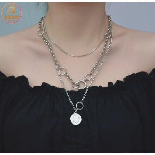 Akizoom Fashion Three-tiered Head Necklace Stainless Steel Silver for Women Adjustable Pendant Chain Jewelry Gift Freeshipping