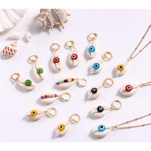 Boho New Style Shell Colored Beads Dangle Earrings Necklace Women Jewelry Sets Glass Evil Eye Conch Handmade Pendants Necklace