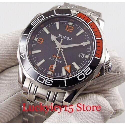 BLIGER Brand Auto Men Watch Sapphire Glass GMT Hand Date Window Mental Band Ceramic Bezel