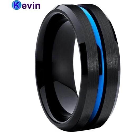 Black Wedding Ring Tungsten Men Ring With Blue Groove 8MM Comfort Fit