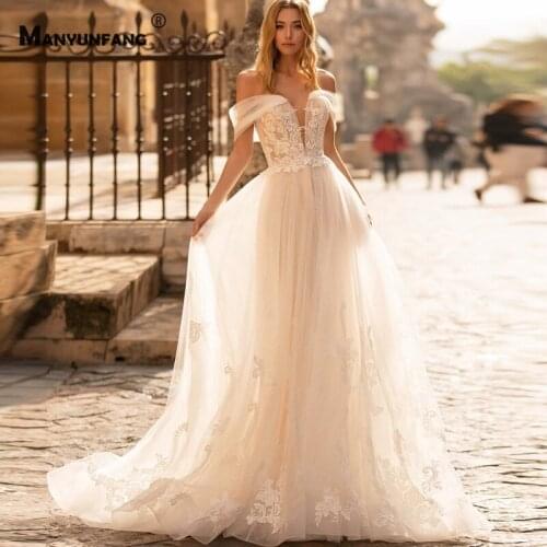 Elegant Off the Shoulder Court Train Zipper Back A-Line Wedding Dress Custom Made Deep V-Neck Embroidery Appliques Bridal Gown