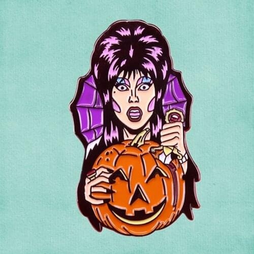 Elvira horror hostess Cassandra Peterson Pumpkin Carving Enamel Pin goth punk movie 80s Halloween brooch badge