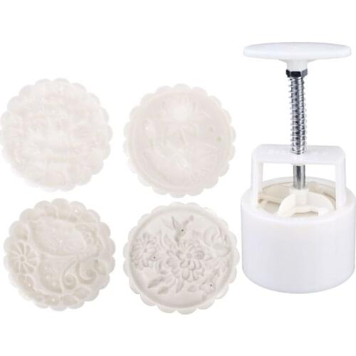 125g Moon Cake Mold 4 Stamps Flower Bird Decor DIY Hand Pressure Biscuits Pastry
