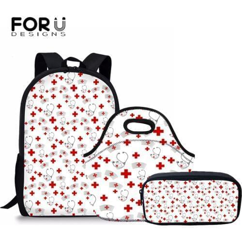 FORUDESIGNS Cute Nurse Pattern Women School Backpack 3 Pcs/set Schoolbag For Teenager Girls Primary and Senior Student Book Bag