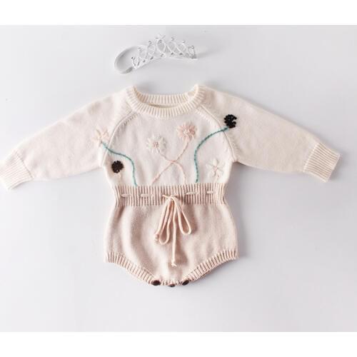 Knitted Baby Romper Cotton Newborn Baby Clothes Embroidery Floral Baby Girl Romper Long Sleeve Cotton Baby Boy Romper Jumpsuit