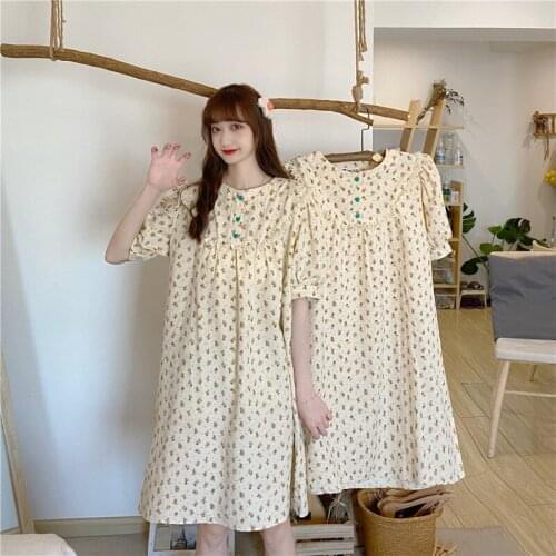 Floral Print Summer Nightgown Sweet Cotton Korean Sleepwear Loose Short Sleeve Ruffles Sleep Dress O-Neck Home Clothes