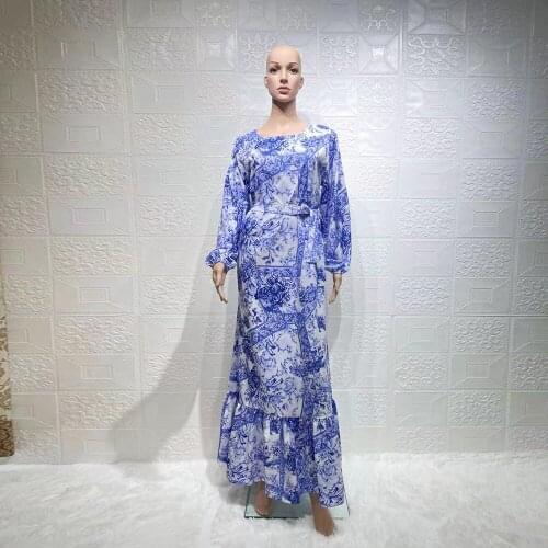 New Eid Retro Print Djellaba Abaya Full Length Blue and white porcelain Muslim Dress Dubai Turkey Muslim Dress Islam Abaya WY144