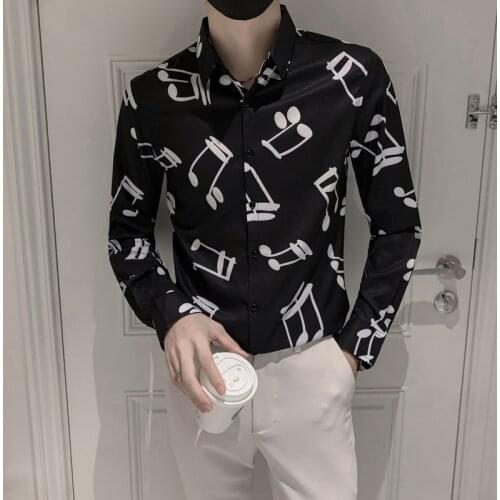 2021 New Mens Note Printed Shirts Autumn Long-sleeved Slim Musical Casual Shirt Fashion Streetwear Social Party Male Clothing