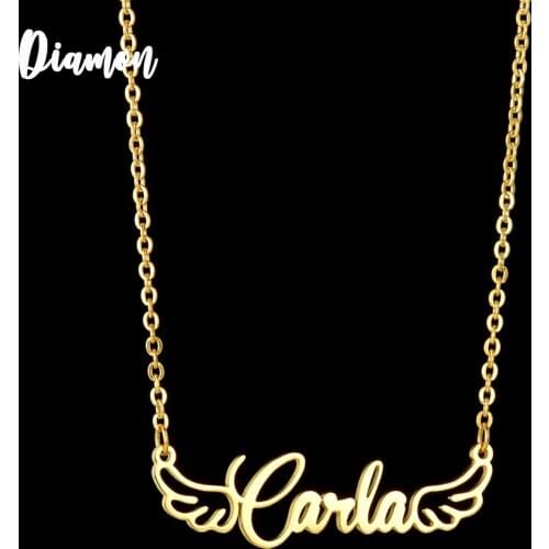 Diamon New Customized Fashion Stainless Steel Name Necklace Angel Wings Choker Necklace Personalized Letter Gold Handmade Gift