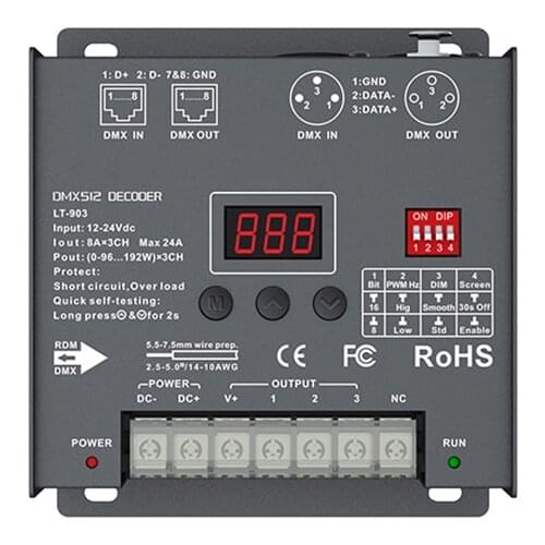 New Led DMX-PWM Decoder;DC12-24V Input;8A*3CH Max 24A 576W Output XLR-3/RJ45 Port 3 Channel RGB Strip DMX512 Slave Decoder