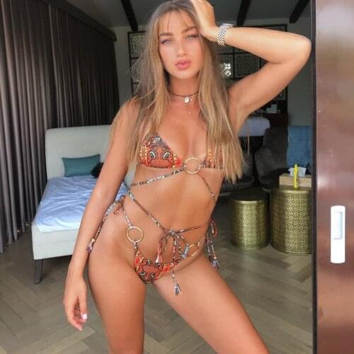 Solid Color Sexy Three-ring Strap Beach Bikini Suit Printed Women Split Swimsuit -40