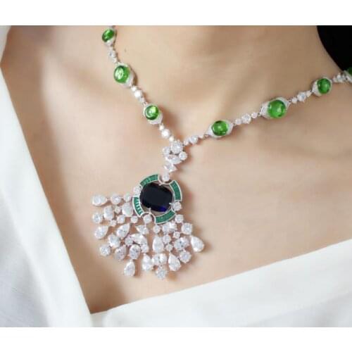 925 Sterling silver Crystal Teardrop Necklace Gorgeous Green Emerald Gem stones pendant Quartz Zircon squares Sapphire Necklace